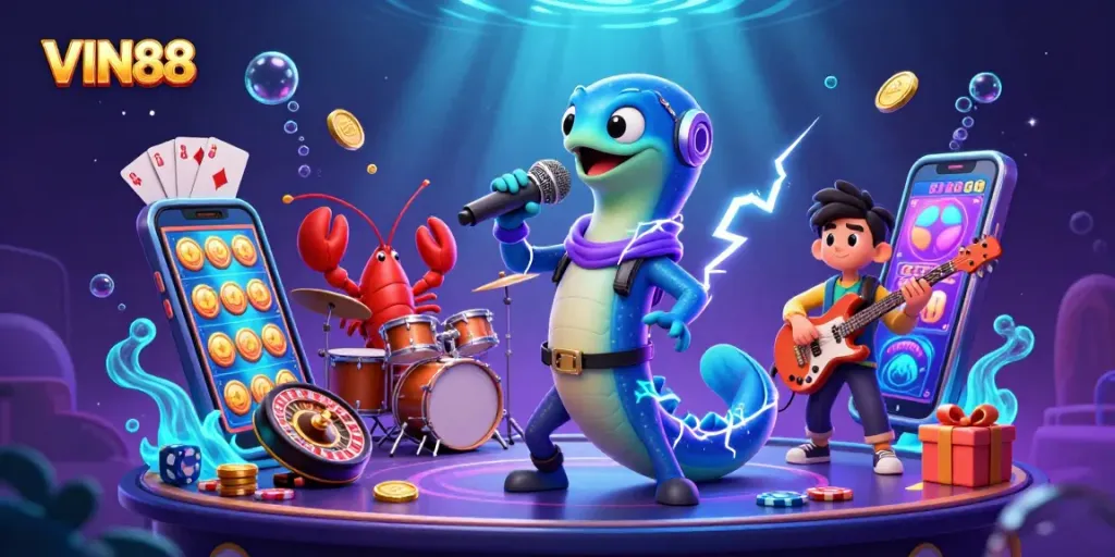 Experience the excitement of winning at VIN88 with vibrant underwater casino elements and lively characters.