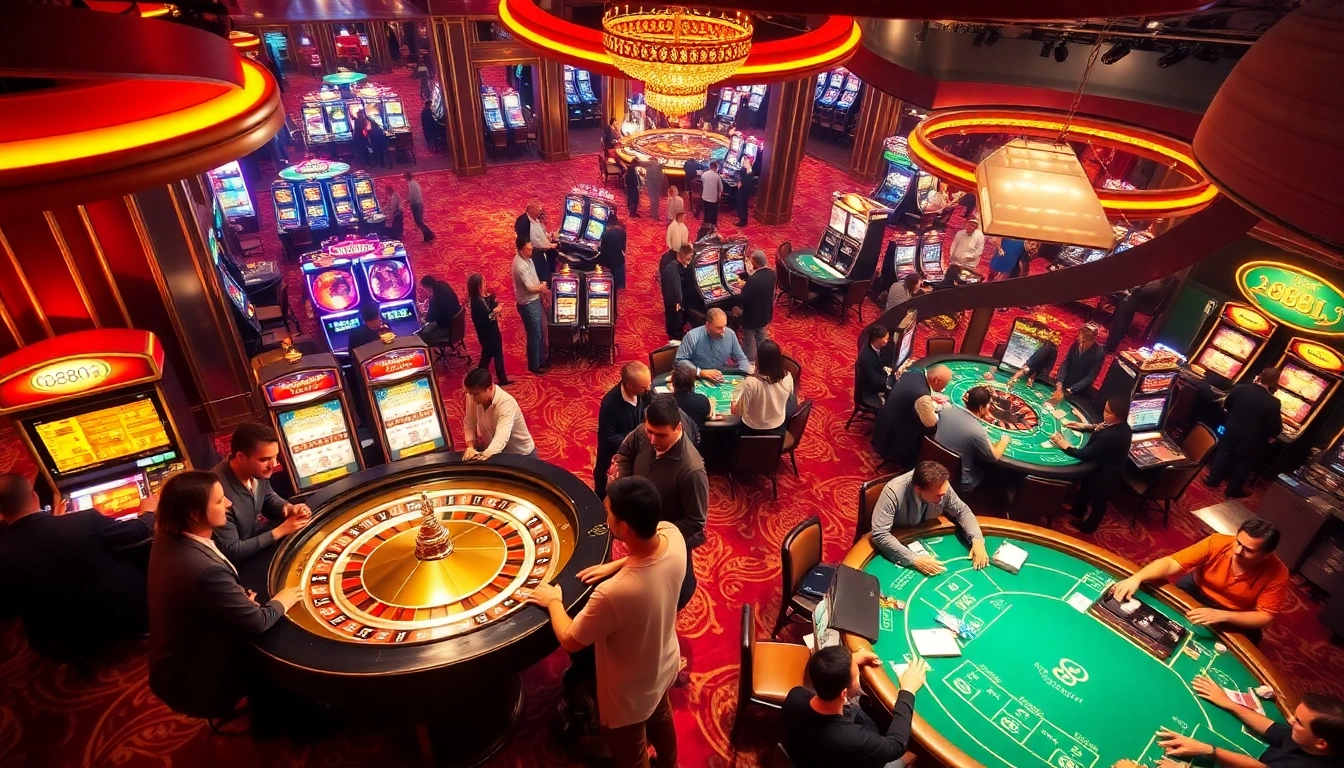 Players enjoying a thrilling game night at 88i casino, surrounded by lively tables and vibrant slot machines.