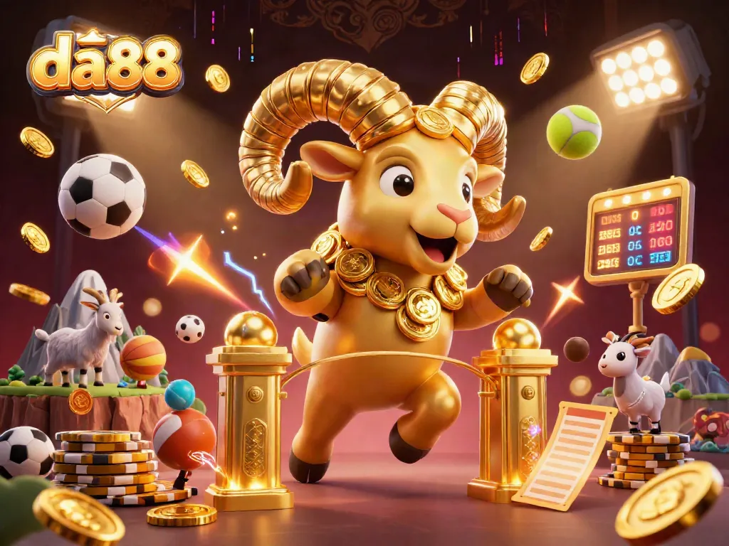 Experience thrilling sports betting at da88 with a dynamic scene of a golden ram charging through vibrant gambling elements.