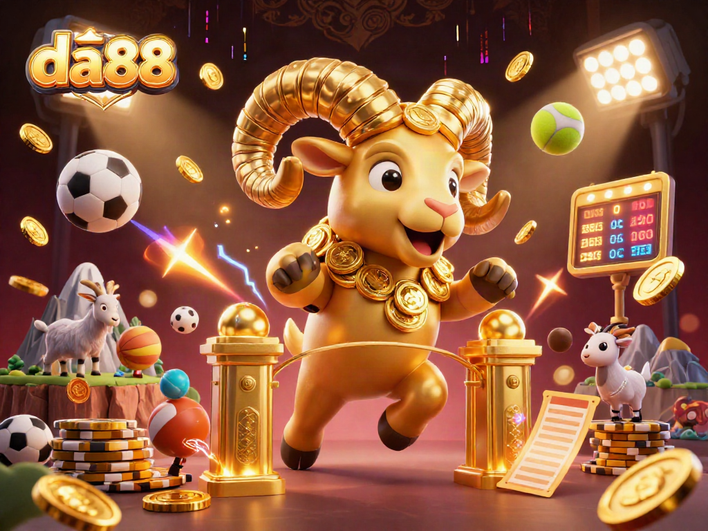 Experience thrilling sports betting at da88 with a dynamic scene of a golden ram charging through vibrant gambling elements.