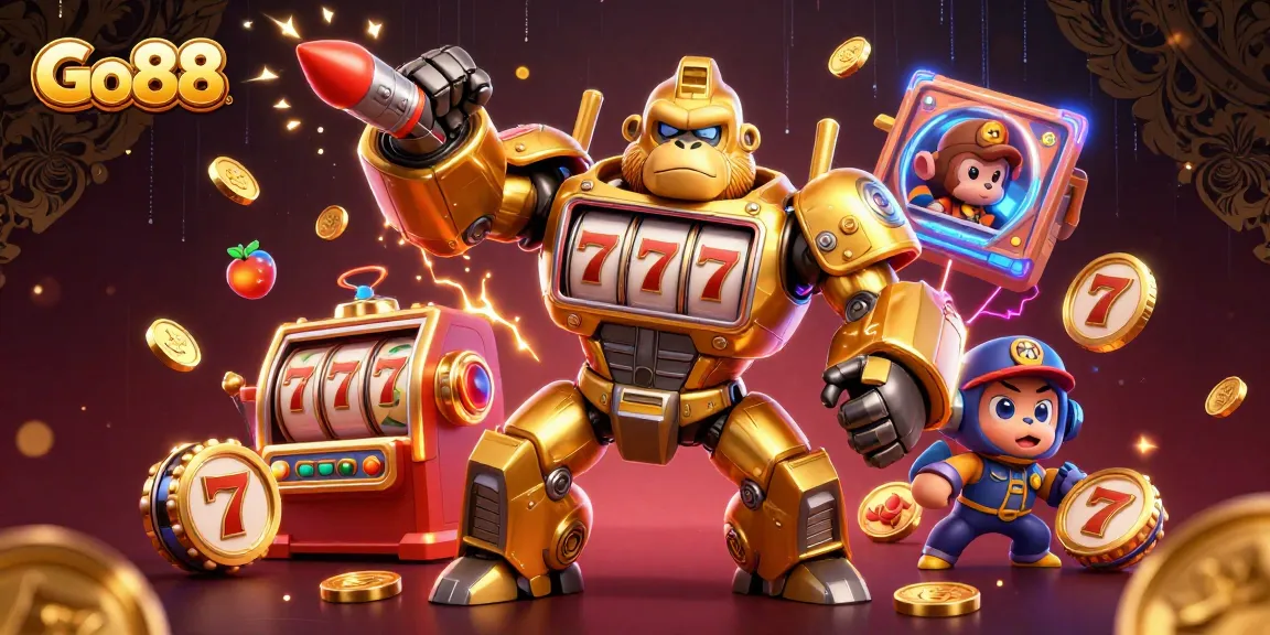 Experience thrilling gameplay at Go88 with a golden gorilla mech and dynamic casino elements.