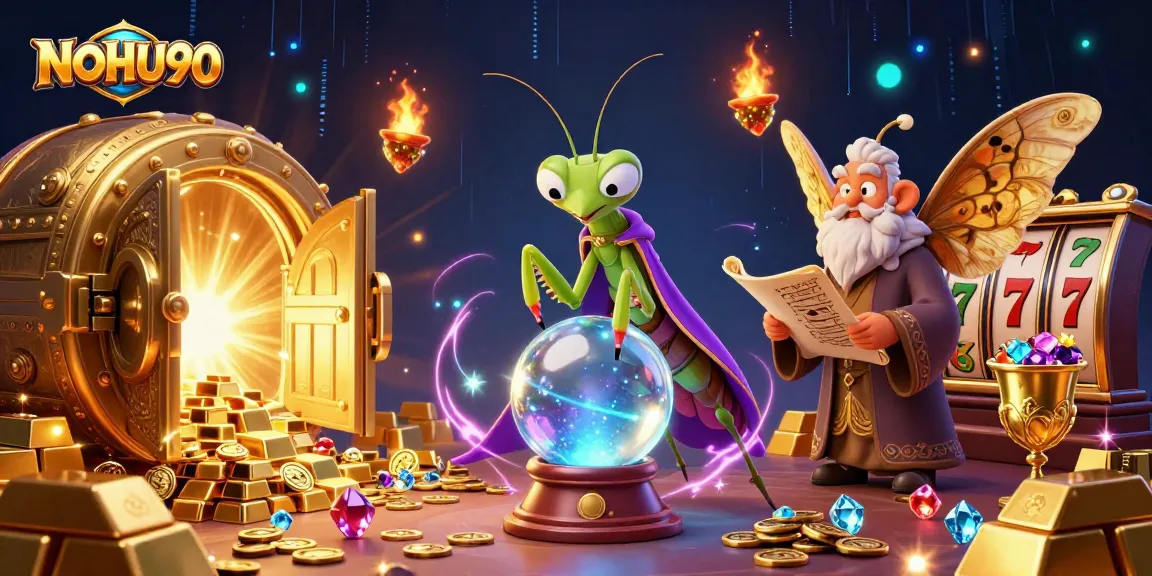 Engage with NOHU90, featuring a mystical fortune teller and gambling treasures in a vibrant casino scene.
