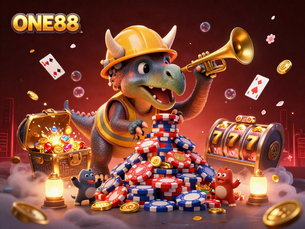 Cheerful ONE88 characters celebrating success with poker chips and casino elements.