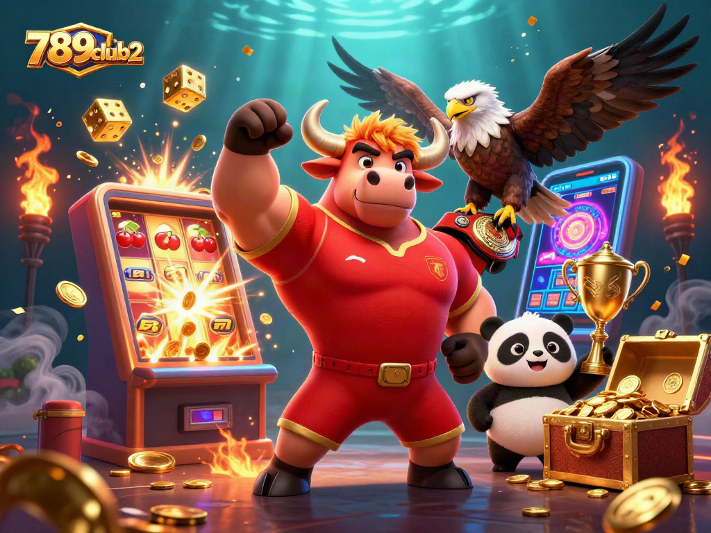 Experience victory at 789club2 with a cartoon bull mascot, golden treasures, and dynamic casino elements.