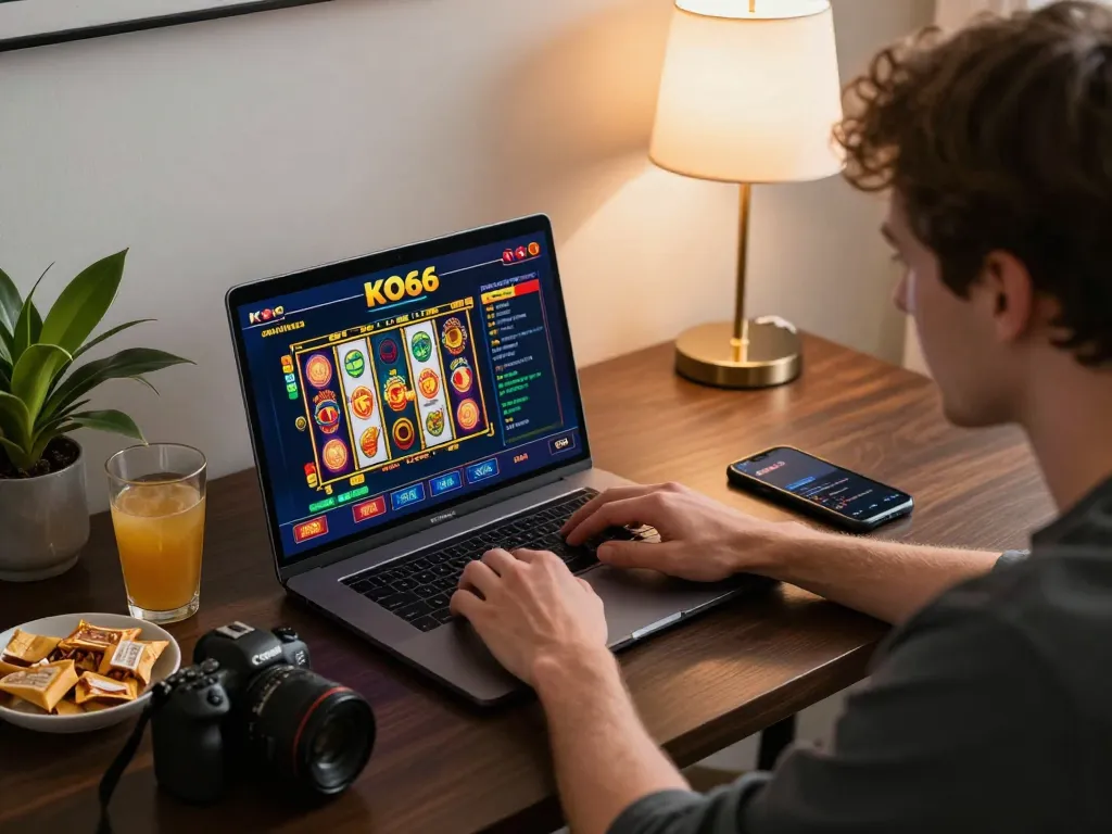 Player enjoying KO66 casino games online at home with a laptop and smartphone in a cozy setting.