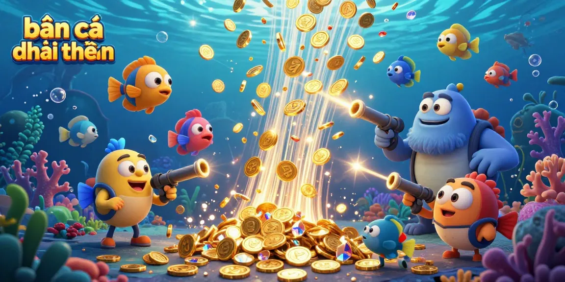 Bắn cá đổi thưởng gameplay illustration showing dynamic underwater action and golden rewards