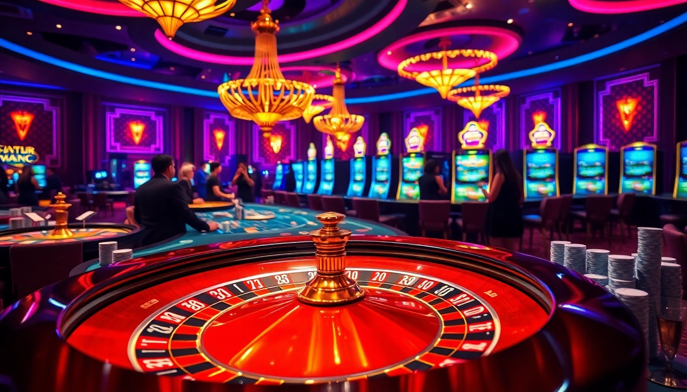 Players engaging with chat AI spicy at a glamorous casino table, surrounded by vibrant roulette wheels.