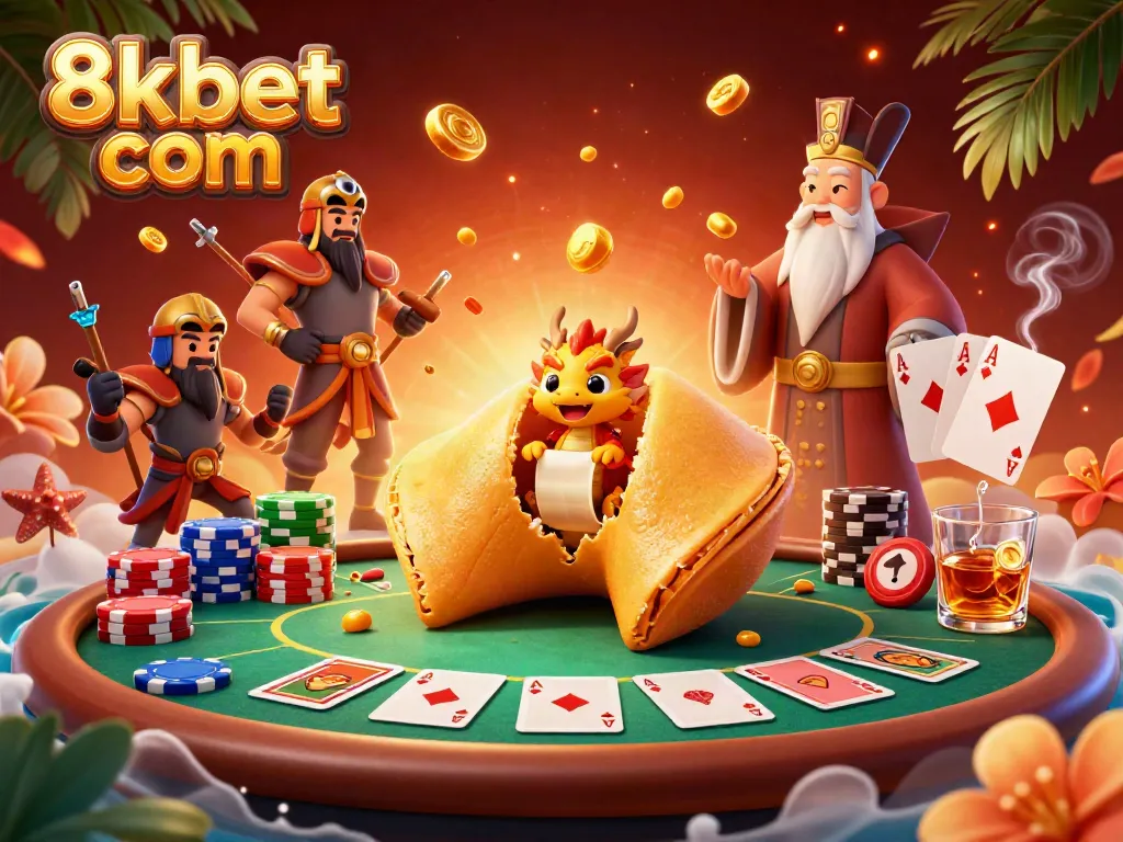 Engage with 8xbet com's colorful poker scene, featuring a golden fortune cookie and dragon.