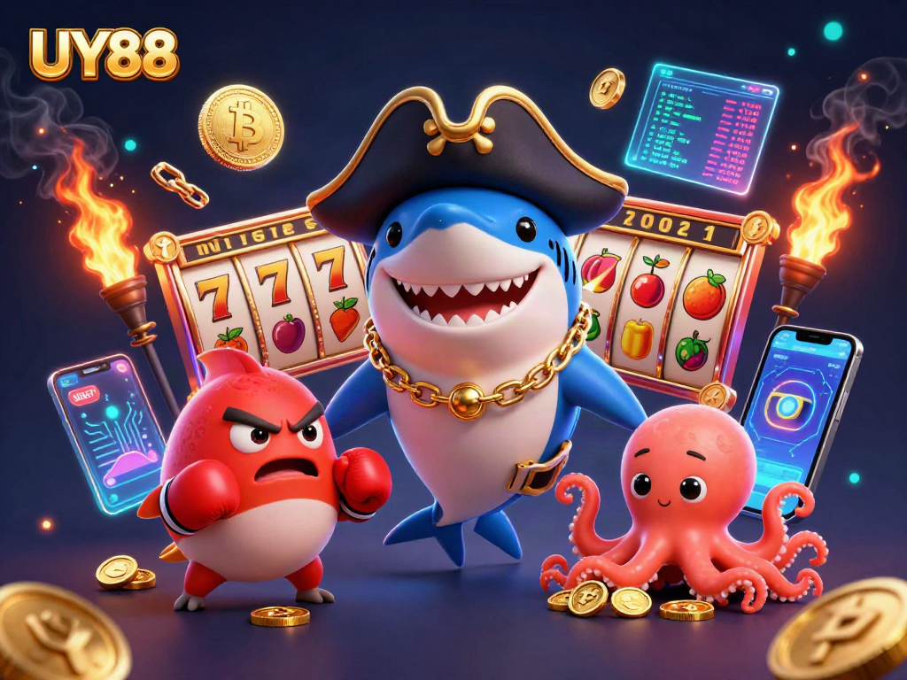Win big with UY88 in this thrilling casino illustration packed with vibrant characters and exciting gaming elements.