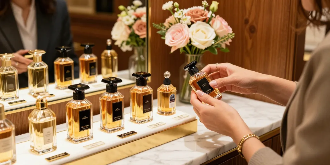 Woman testing Guerlain Tobacco Honey fragrance samples on wrist amidst elegant perfume display.