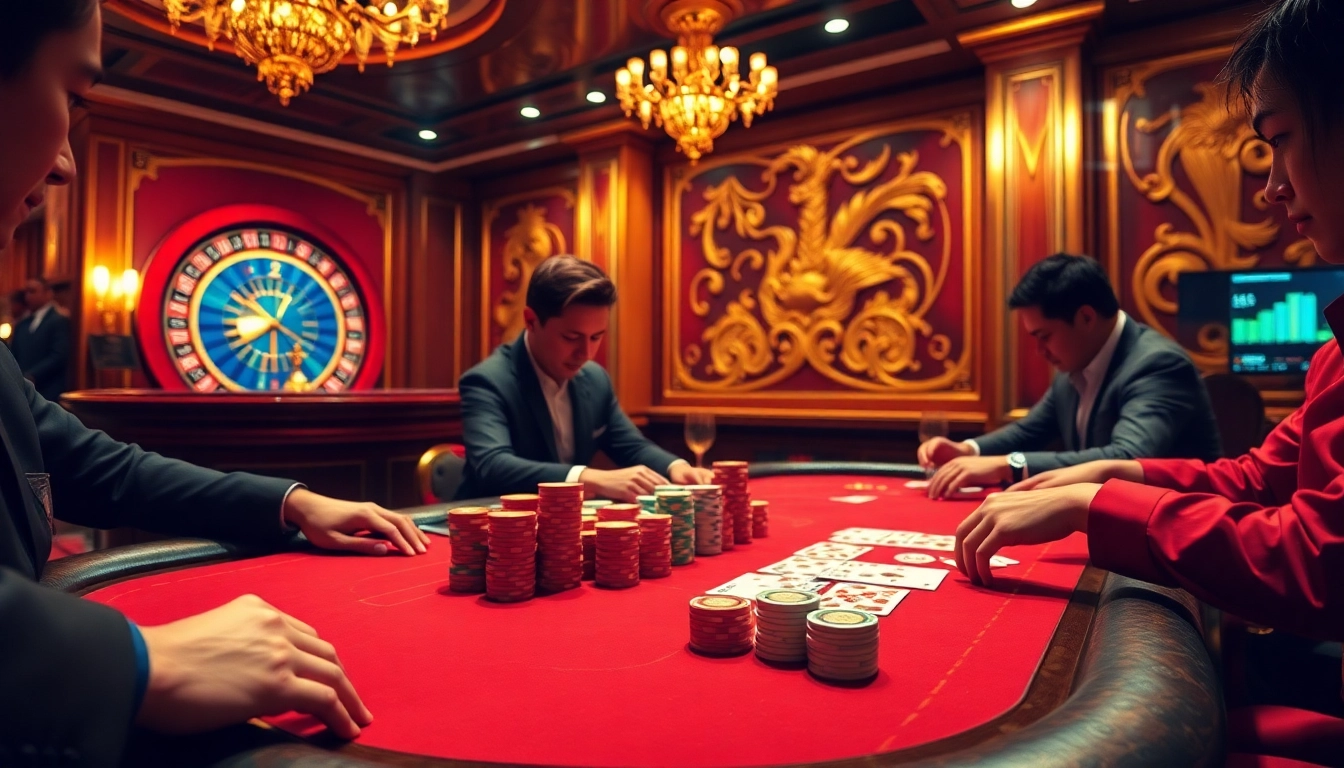 Players engaging in a thrilling poker game at mm88's casino with vibrant chips and a roulette wheel.