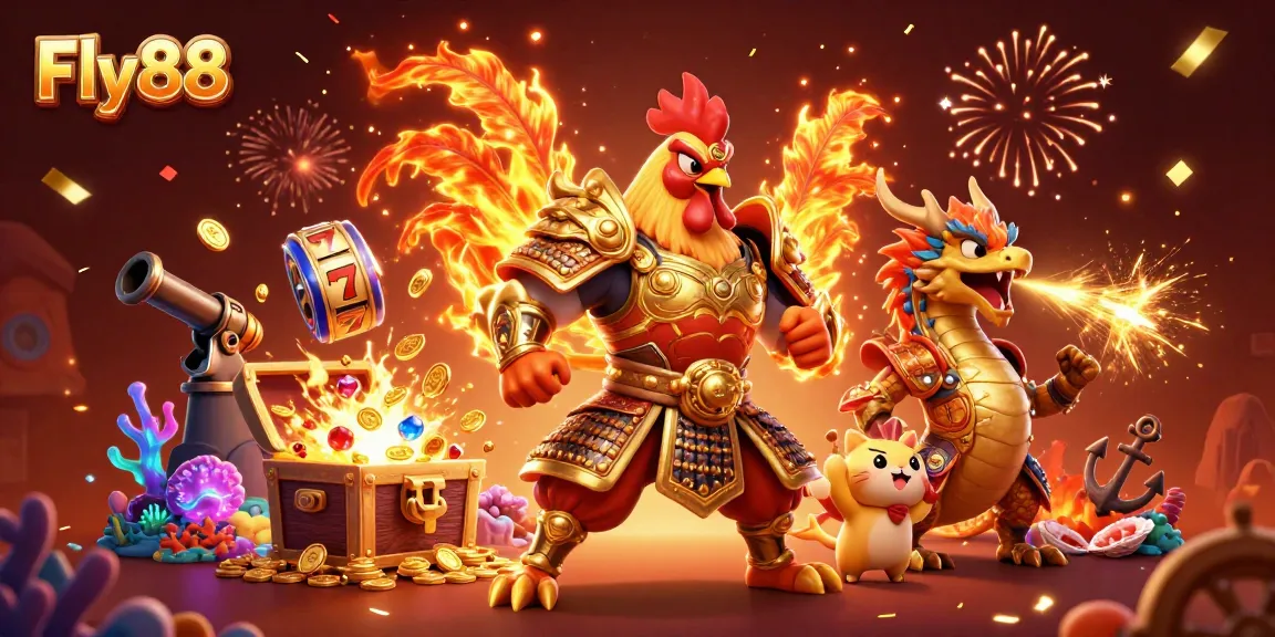 Fly88 showcases a dynamic 3D cartoon scene featuring a fighting rooster and dragon among treasures.
