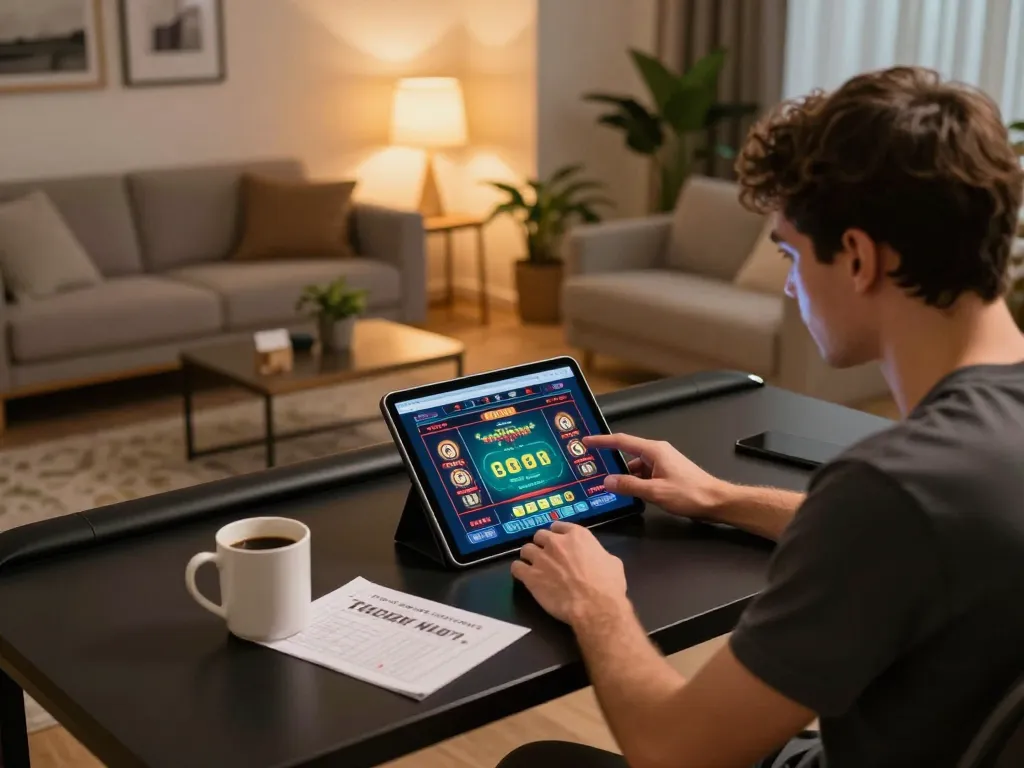 cloud-africa engaging in online casino gaming with a tablet on a modern desk, showcasing responsible gambling.