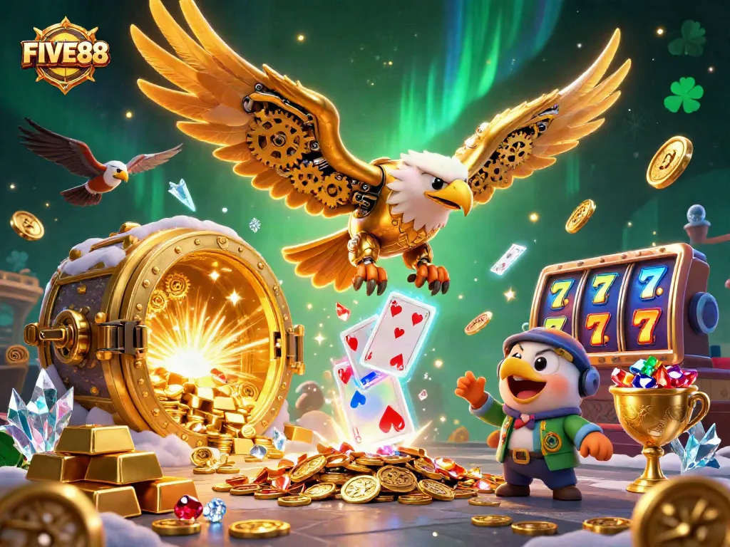 Experience the excitement of FIVE88 with a dynamic 3D illustration showcasing gambling elements like slots and golden treasures.