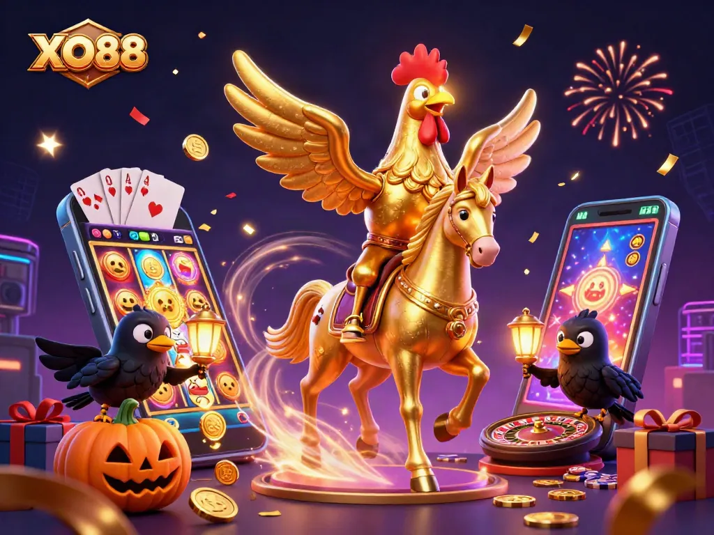 Win big with XO88's dazzling gaming experience featuring a golden rooster and thrilling slot action.