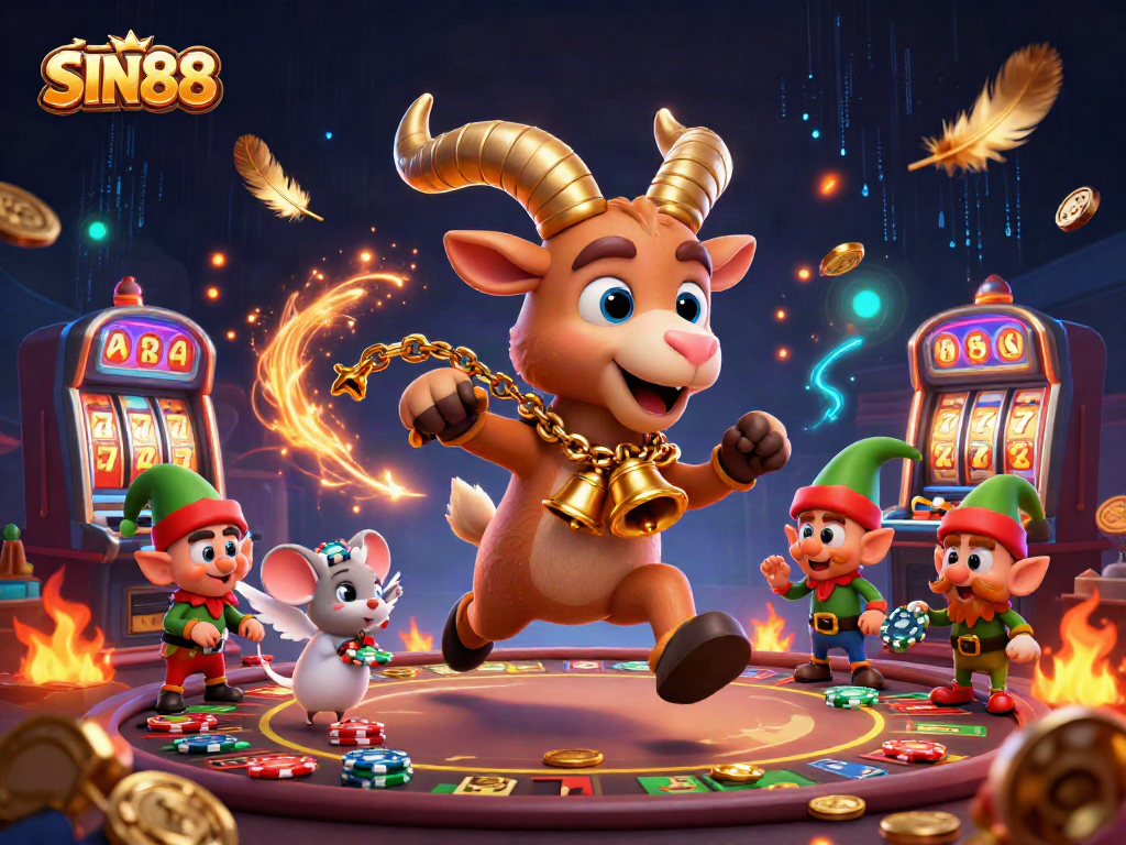 SIN88 casino scene showcasing Krampus directing chaos with a tiny angel mouse and gremlins stealing poker chips.
