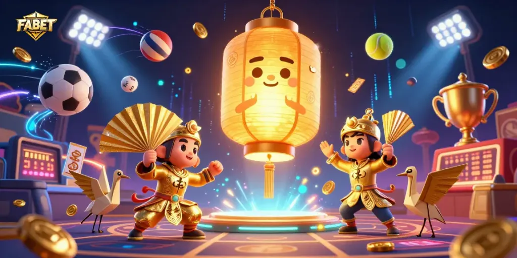 FABET casino features a vibrant scene of a golden lantern spirit and sports elements in action.