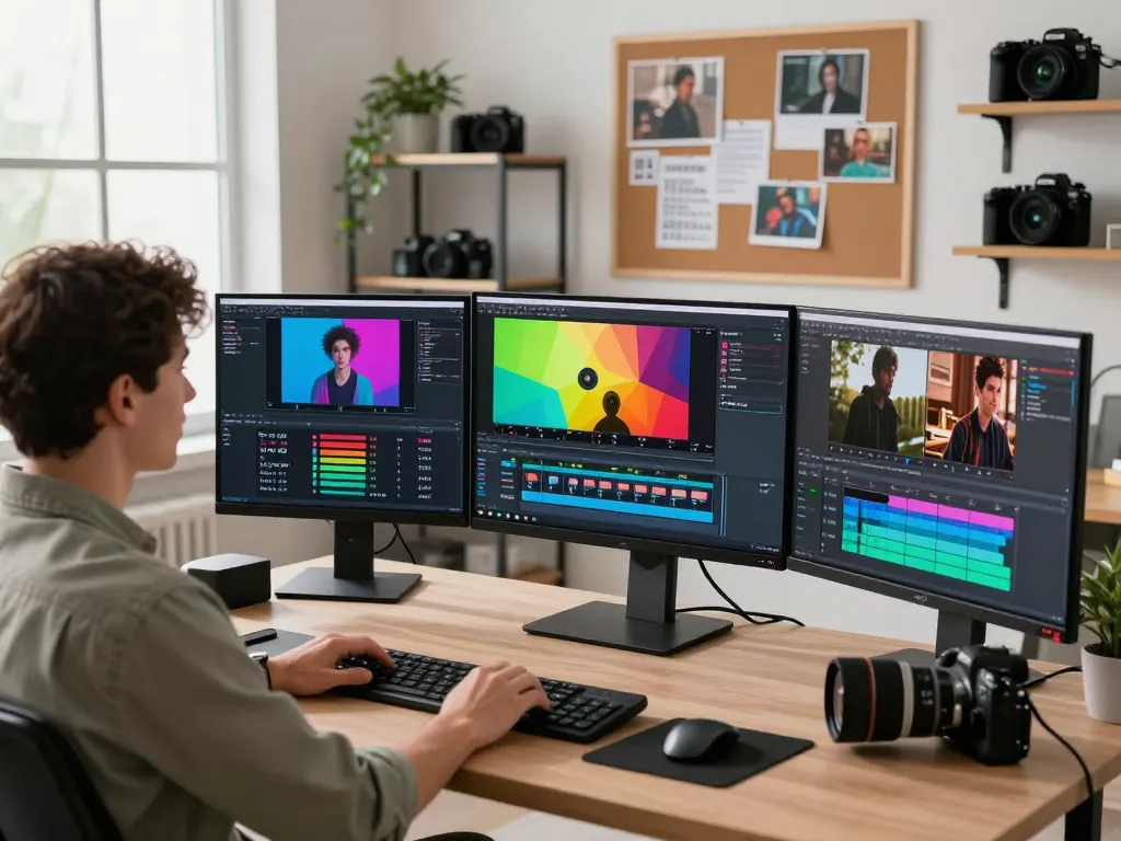 Data analyst generating video to prompt insights in modern workspace with AI tools and monitors.
