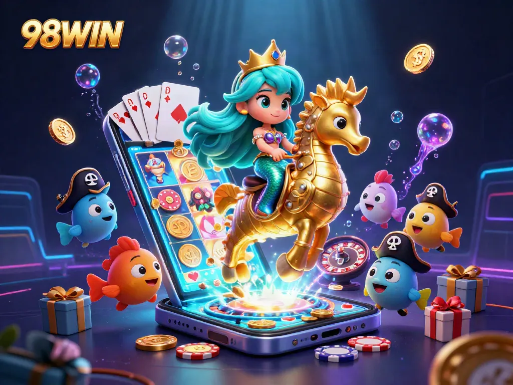 Engage with the vibrant 98WIN casino scene featuring a mermaid princess and dynamic gaming elements.