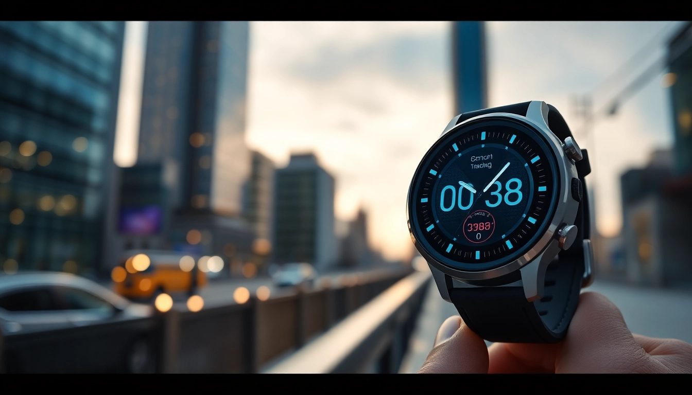 LC88 smart watch showcasing a sleek HD display and fitness data in an urban setting.
