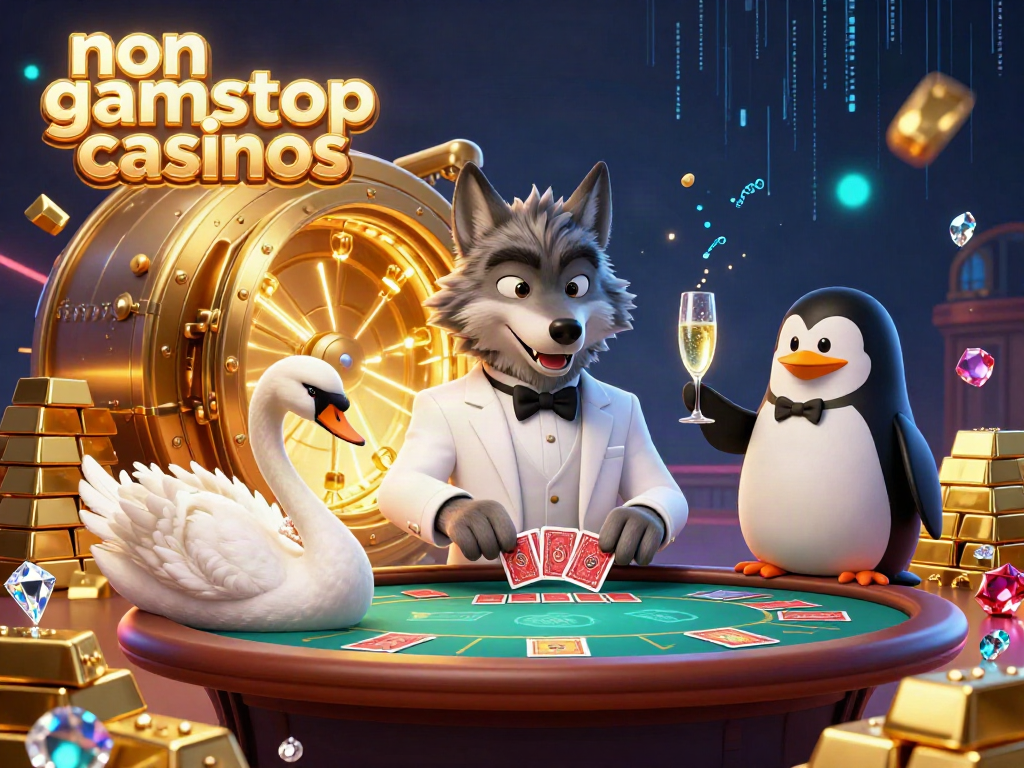 Engaging scene showcasing non gamstop casinos with dynamic characters at a baccarat table and a treasure-filled background.