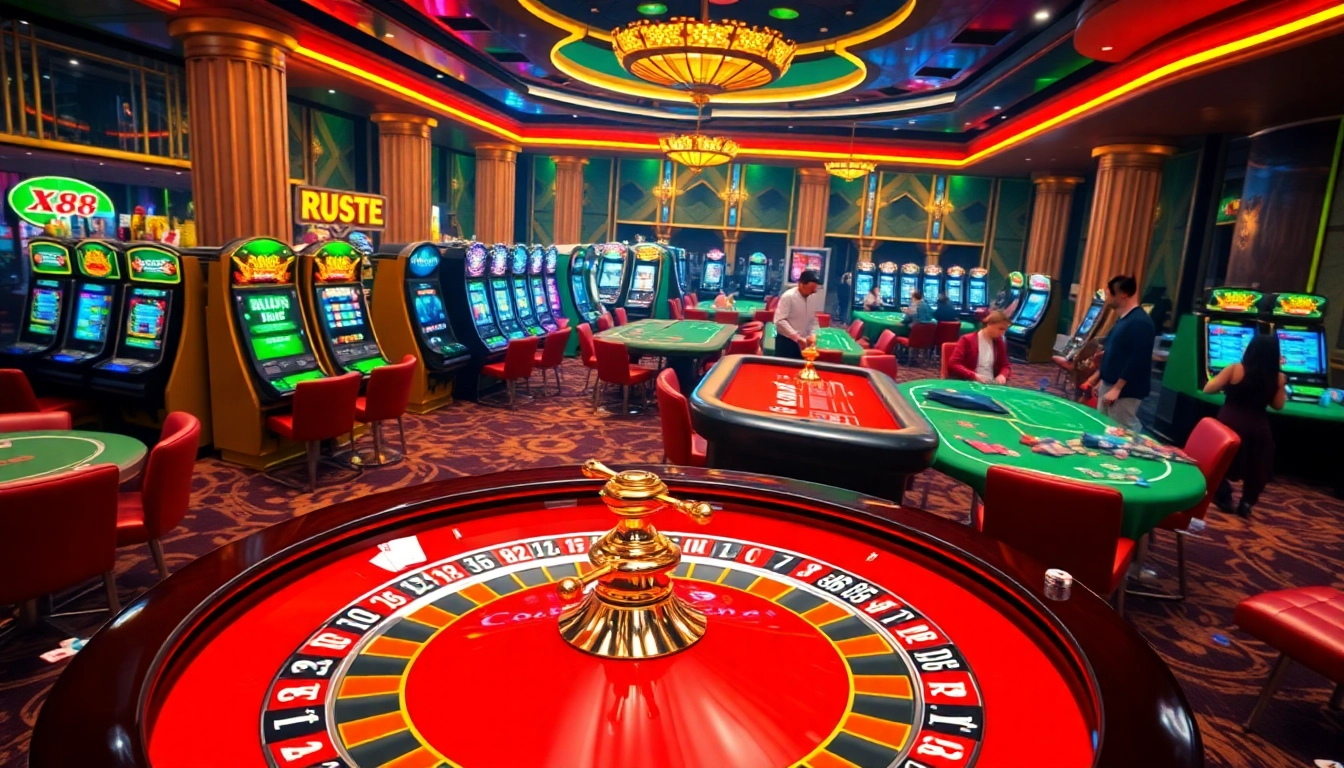 X88 offers an exciting casino atmosphere with vibrant slot machines and roulette tables.