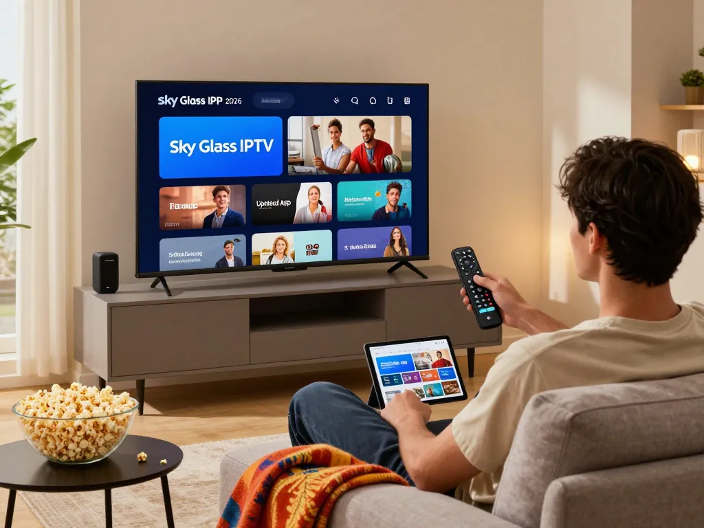 Sky Glass IPTV Updated APP 2026 streaming on smart TV in a cozy living room with tech devices and ambient lighting.