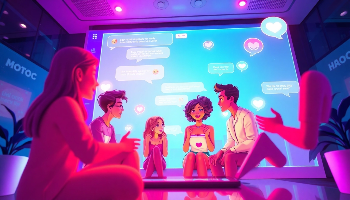 AI sex chat interface with diverse characters engaging playfully in conversation.