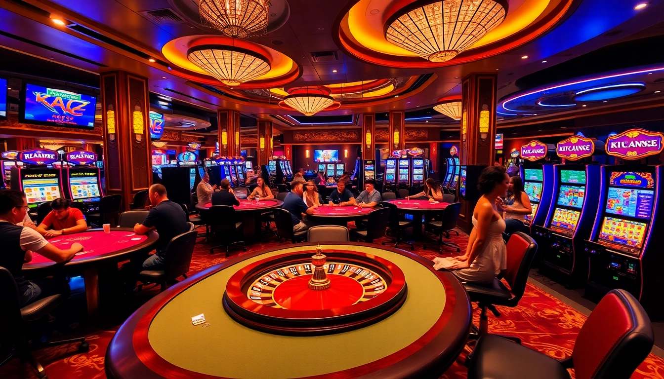 Casino setting with players enjoying games; KJC AC 2 brand elements present.