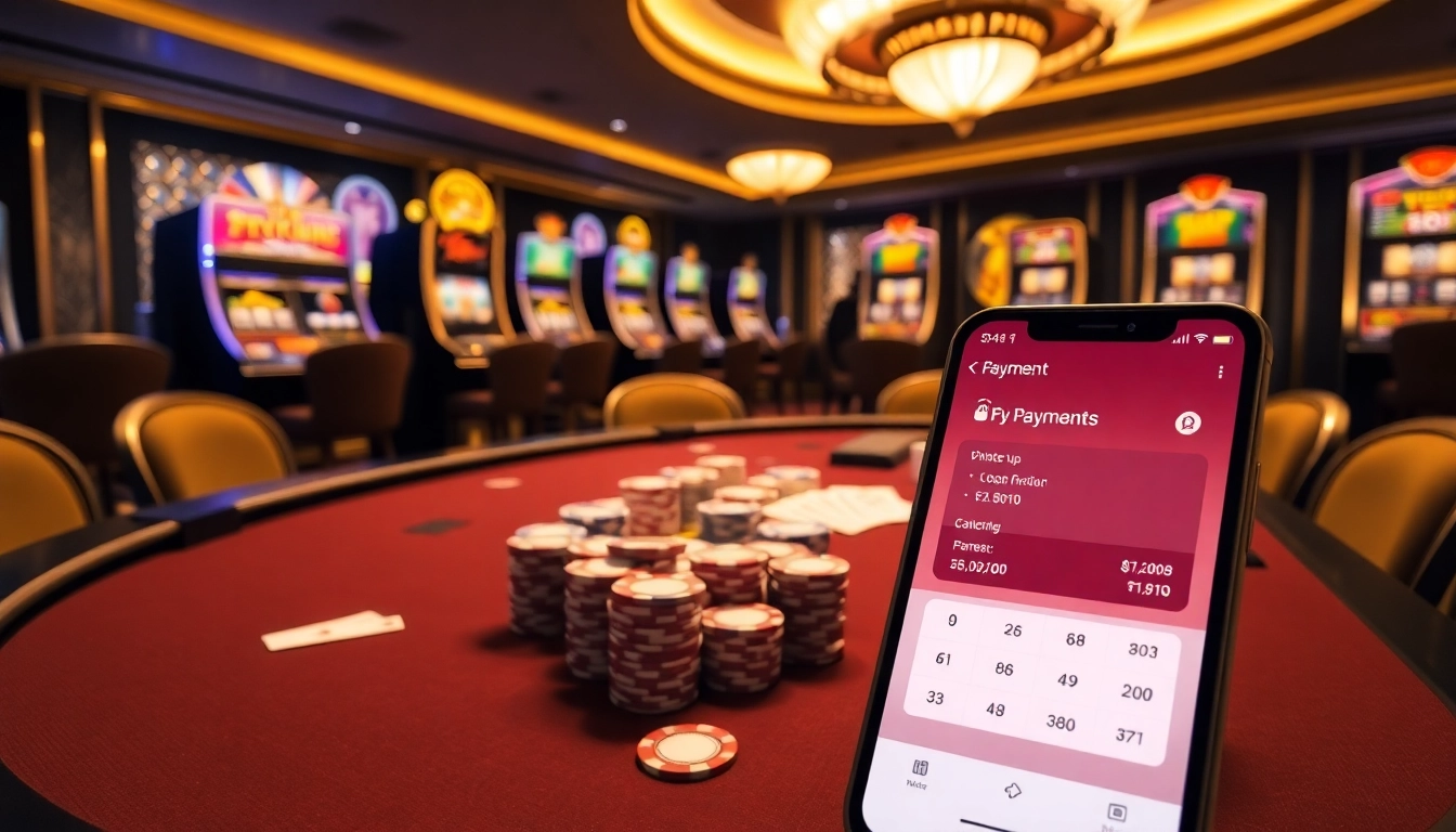 Engaging casino scene displaying 소액결제 payment interface on a mobile device among poker chips and cards.