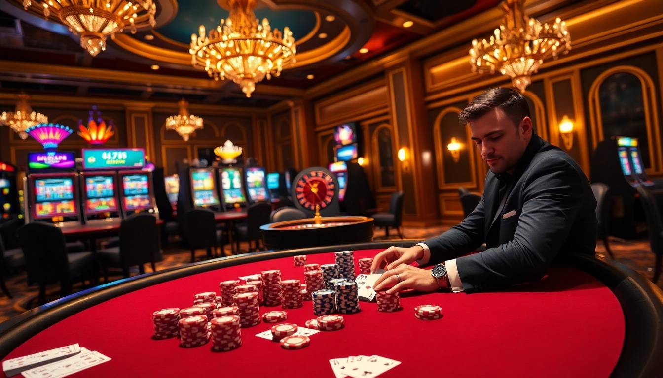 Engaging scene of a luxurious poker game at win55, showcasing high stakes and excitement.