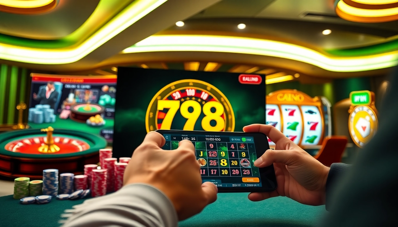 Exciting gameplay at nhà cái 78win with vibrant casino visuals showcasing chips, cards, and slots.