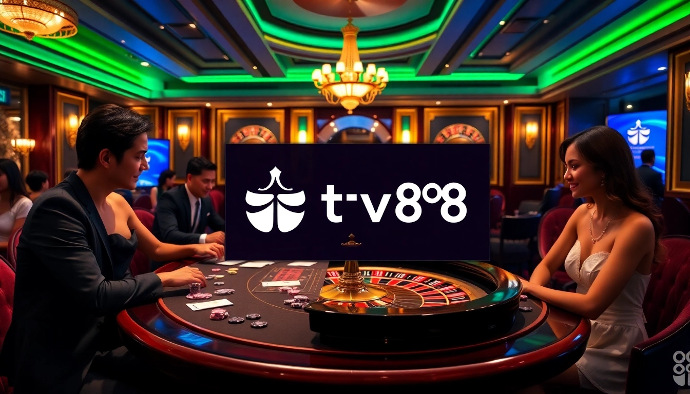 Players enjoying a thrilling poker game at a luxurious casino scene featuring tv88.