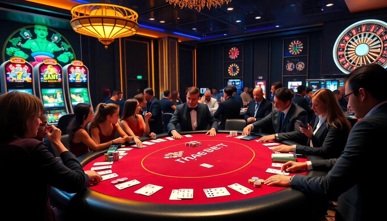 High-stakes poker action at a luxury casino featuring thabet branding and vibrant gaming elements.