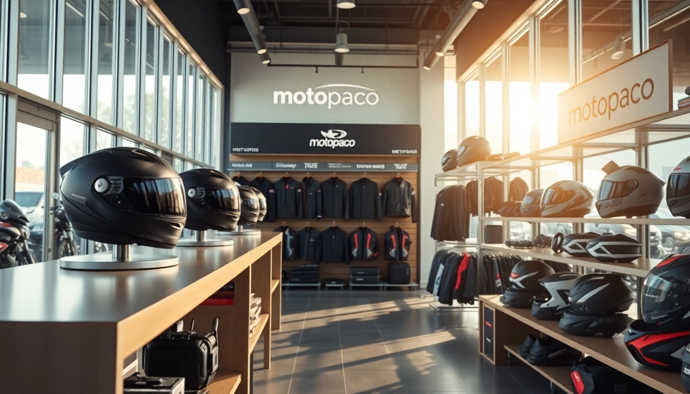 Showroom moderne d'accessoires moto présentant des équipements de haute qualité et des designs innovants de Motopaco.