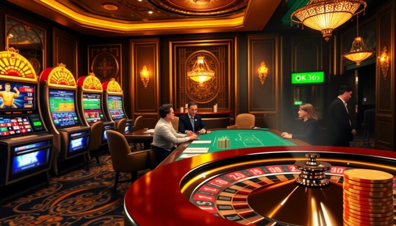 Engaging players at the OK365 com online casino surrounded by vibrant slot machines and a poker table.