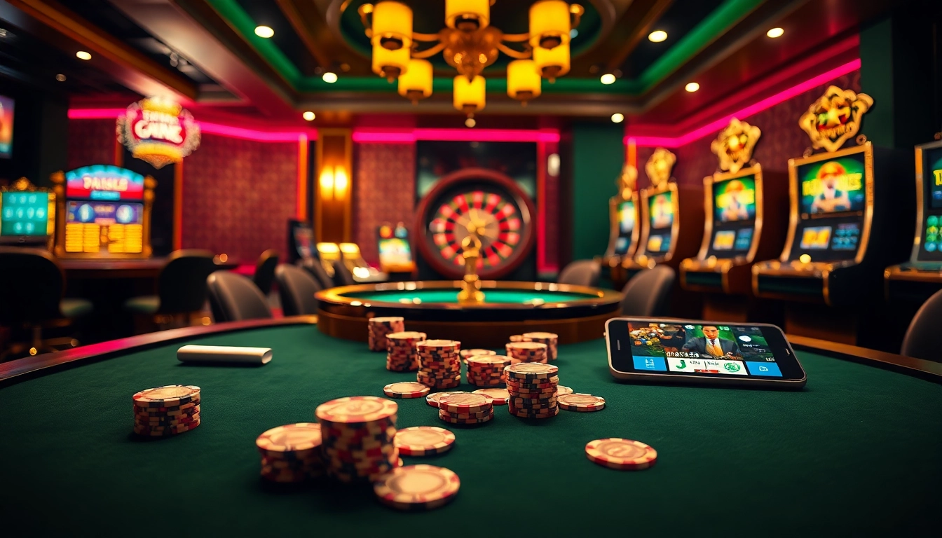 Engage in thrilling online gambling at 789win with a vibrant casino scene featuring poker, roulette, and slots.