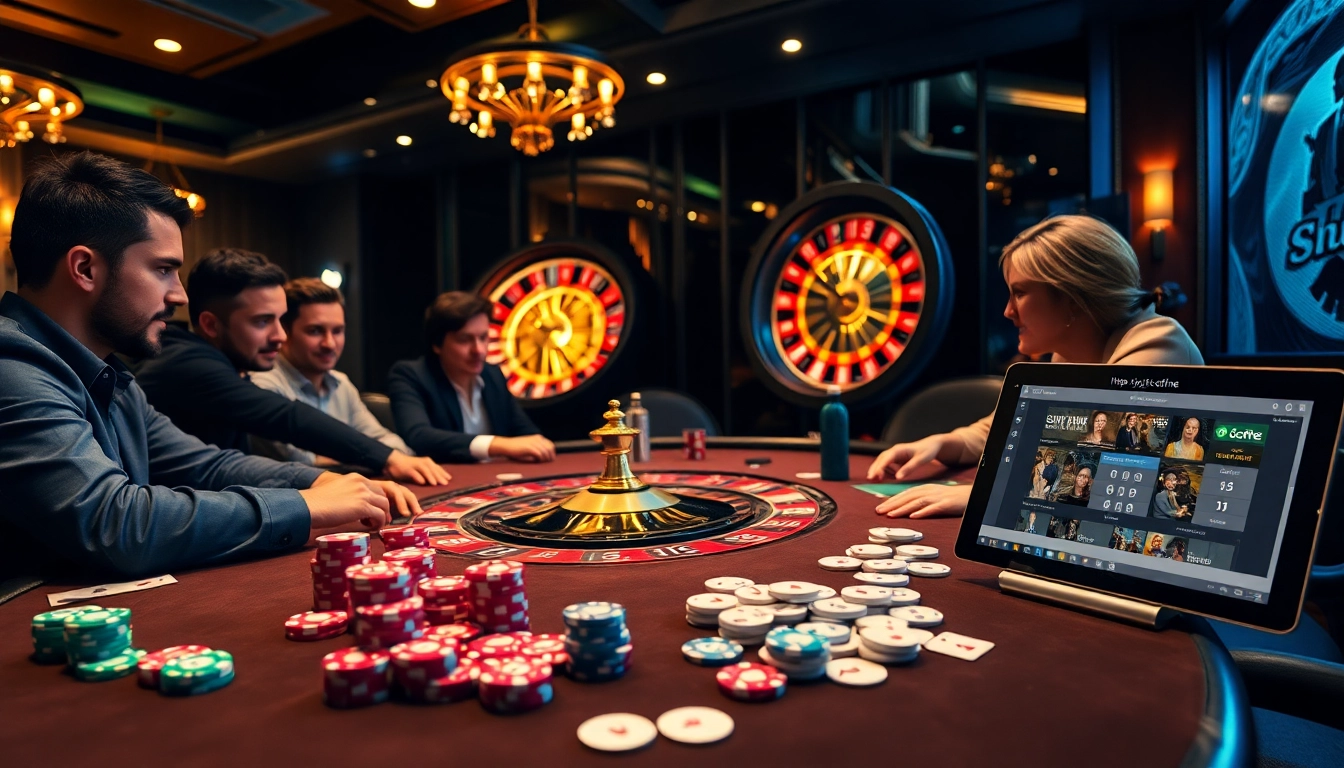 Engaging players at a casino table with chips and cards, featuring https://kjc.coffee/ online interface.