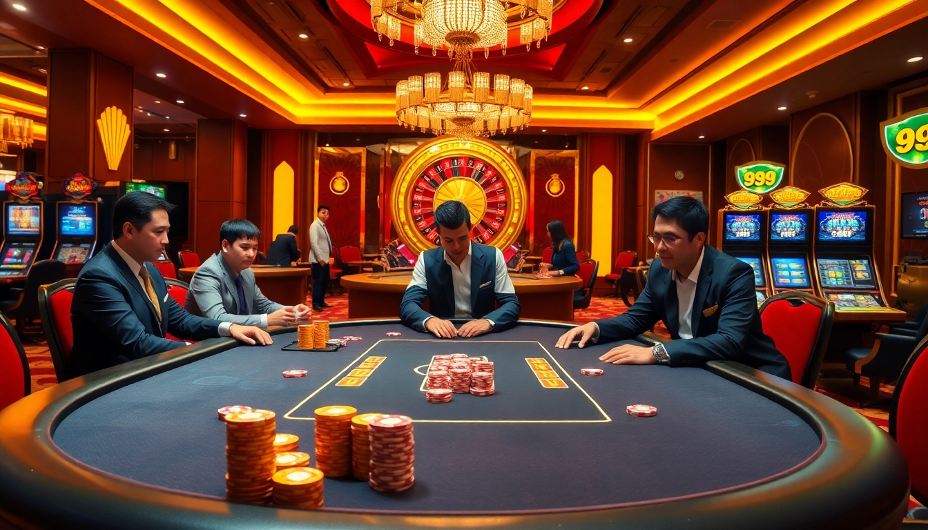 Players enjoying a thrilling poker game at 99WIN's luxurious casino.
