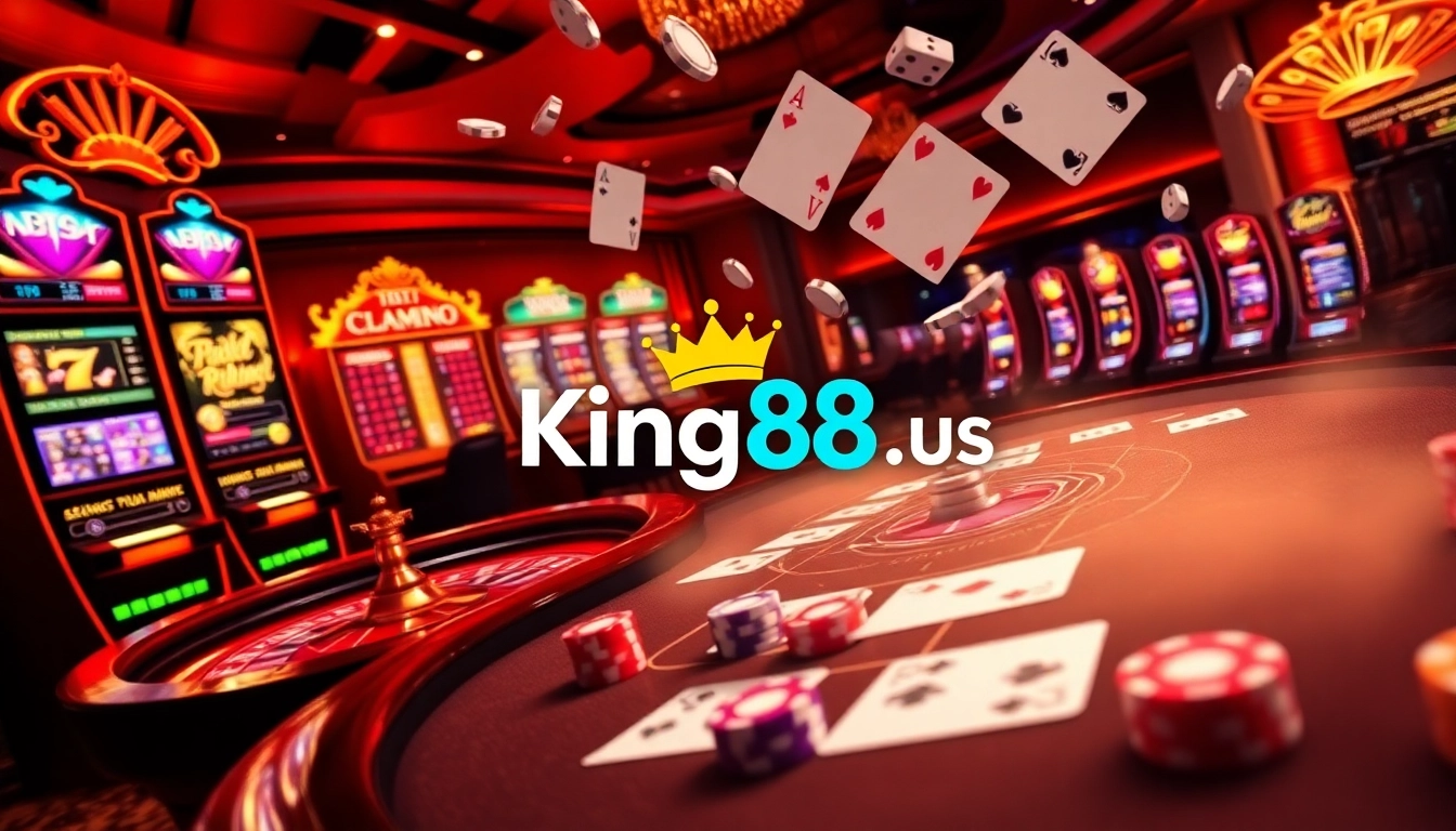 A captivating casino scene showcasing high-stakes poker and vibrant slot machines, enhancing the experience at https://king88b.us.com/ online gambling.