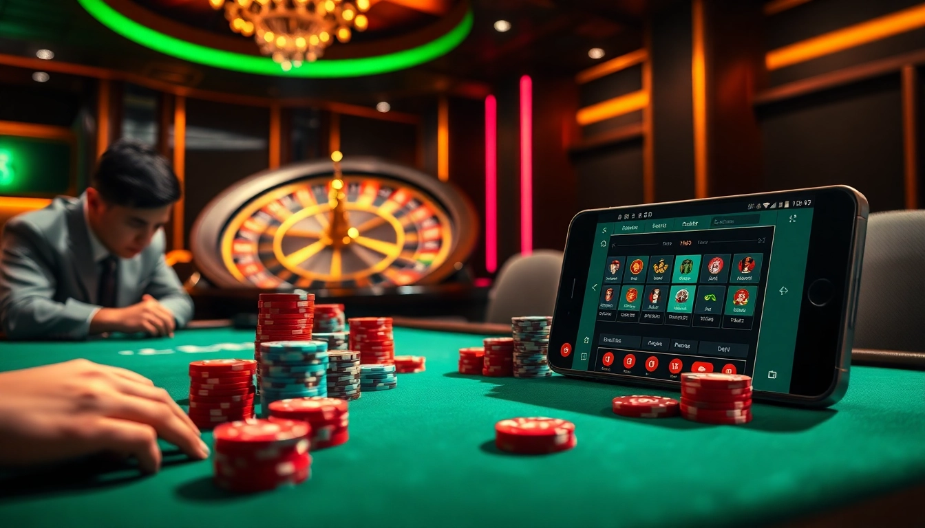 May88 gamblers strategizing by a poker table, surrounded by colorful chips and a dynamic roulette wheel.
