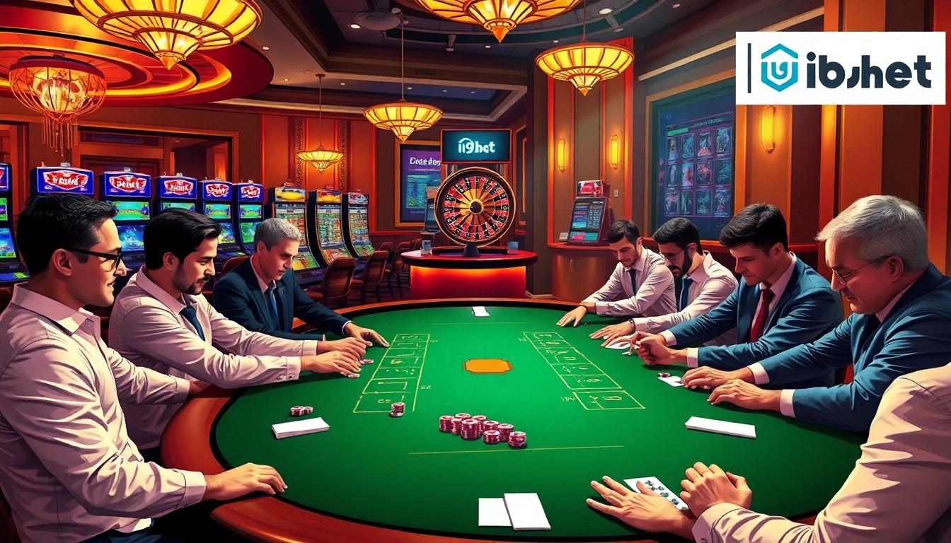 Players engage in high-stakes poker at i9bet's luxurious casino table, capturing the thrill of gambling.