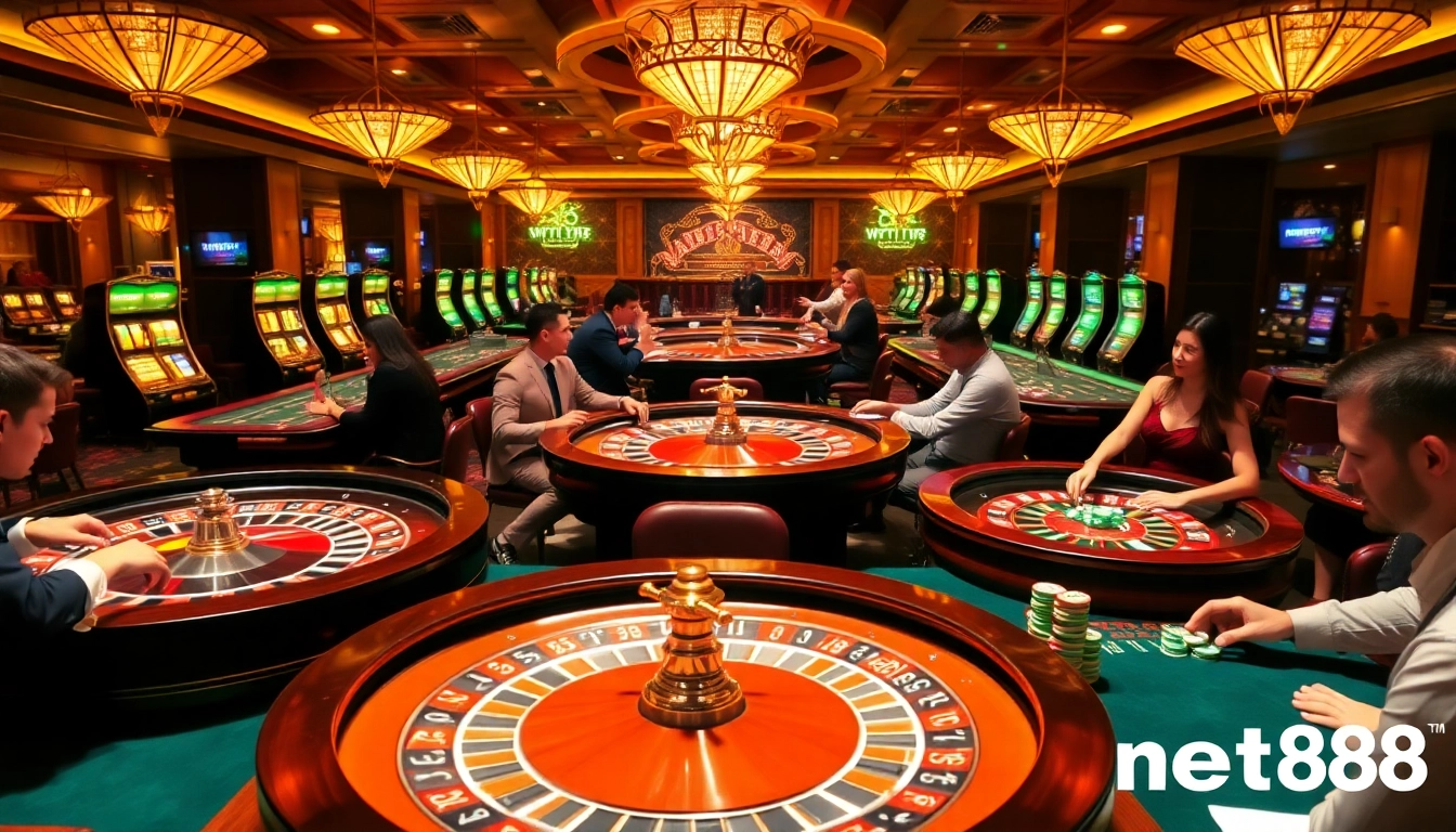 Players enjoying an exciting game at net88 casino with vibrant slot machines and roulette wheels.