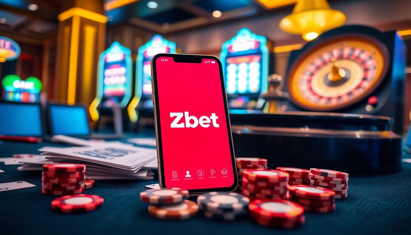 Enjoy a thrilling gaming experience with the Zbet app on a vibrant casino-themed smartphone.