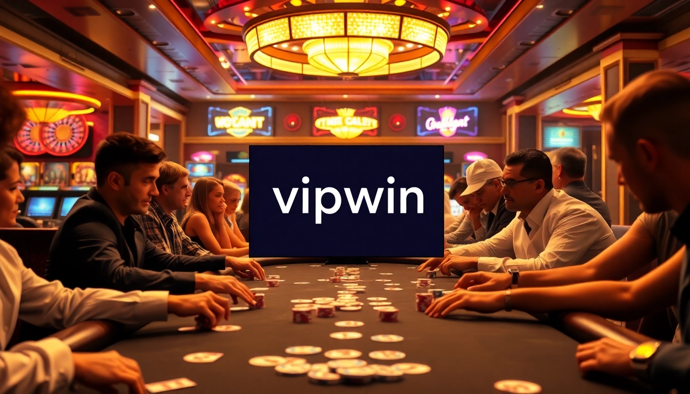 Players engaging intensely at a poker table with code vipwin promotion illuminated in luxury.
