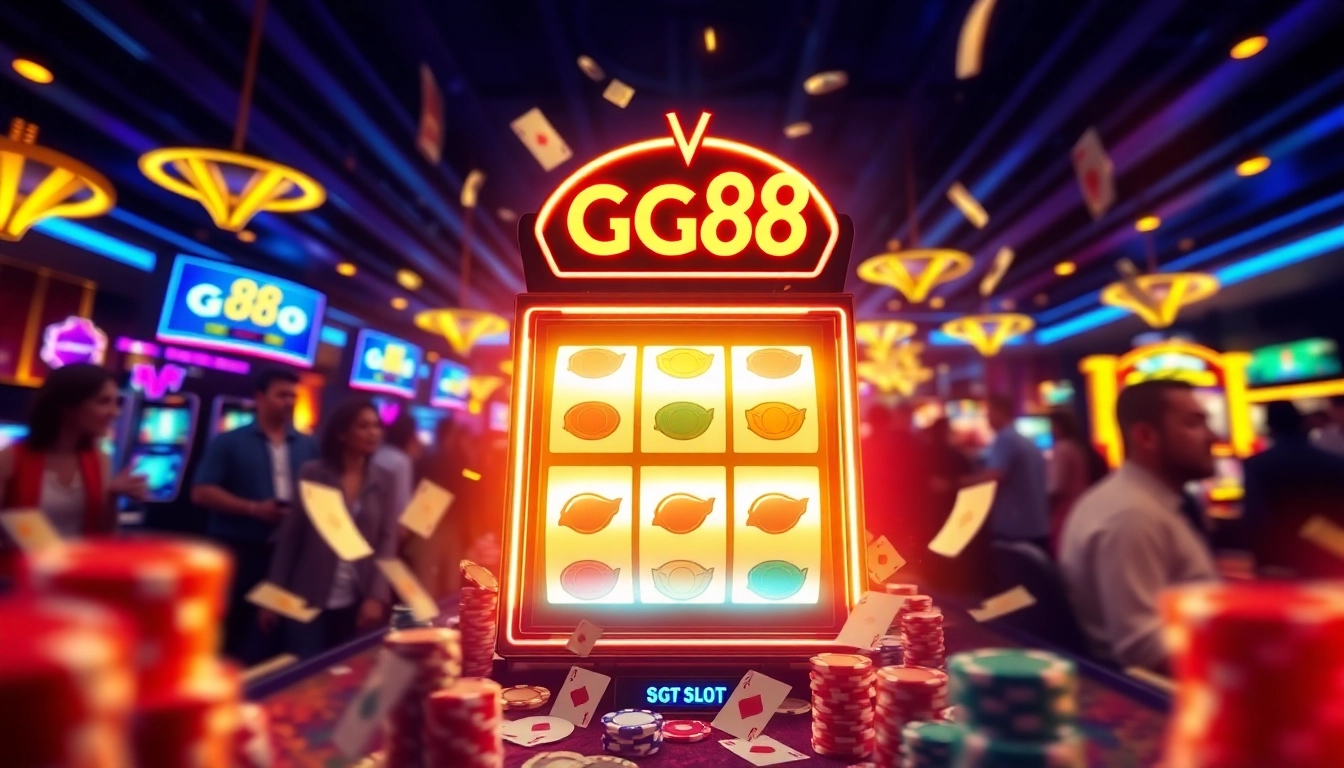 Experience the excitement of GG88 SLOT with vibrant lights and happy players at a casino.