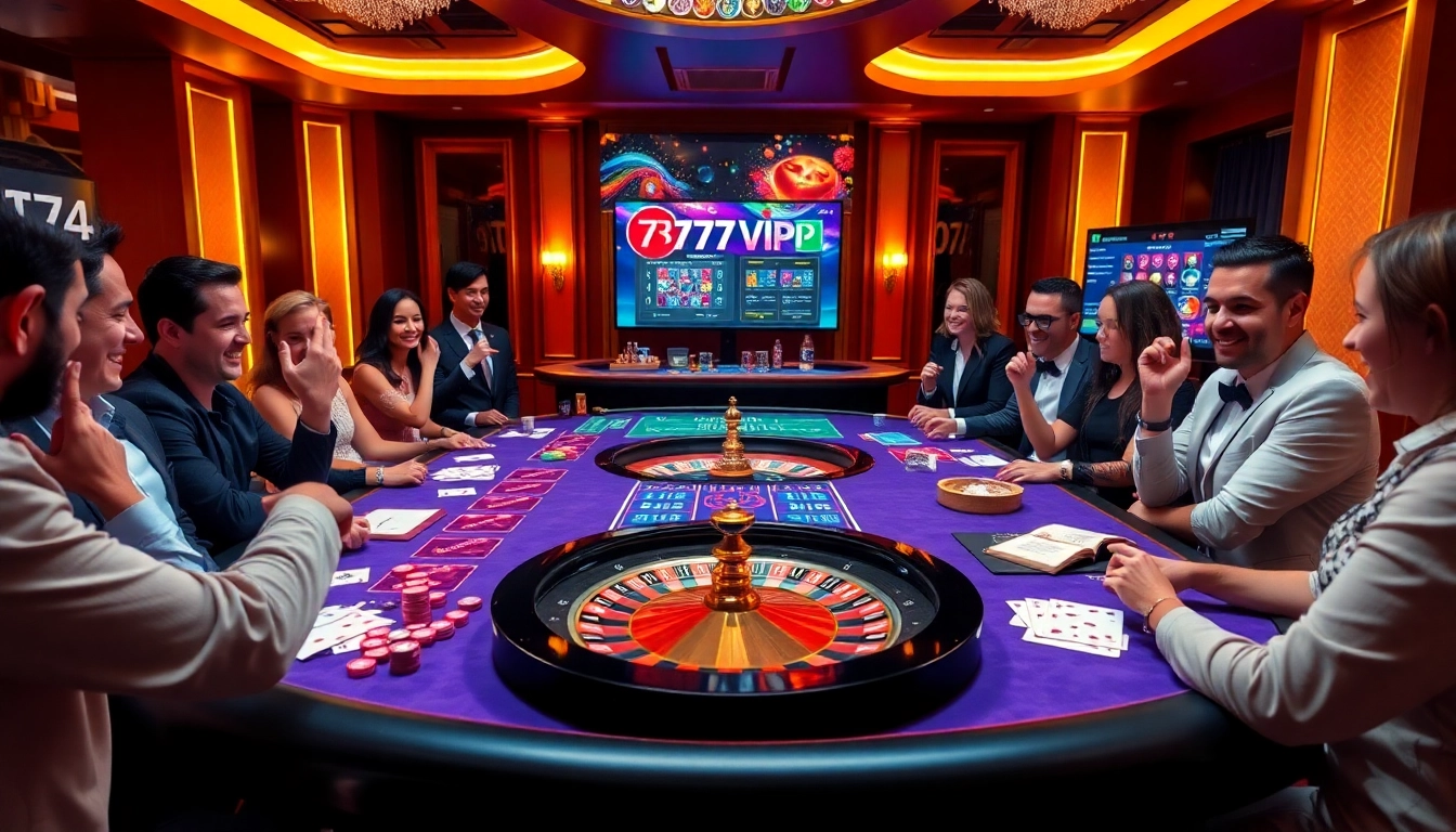 Players engaging at a luxurious table with 777VIP chips and cards in a vibrant casino setting.