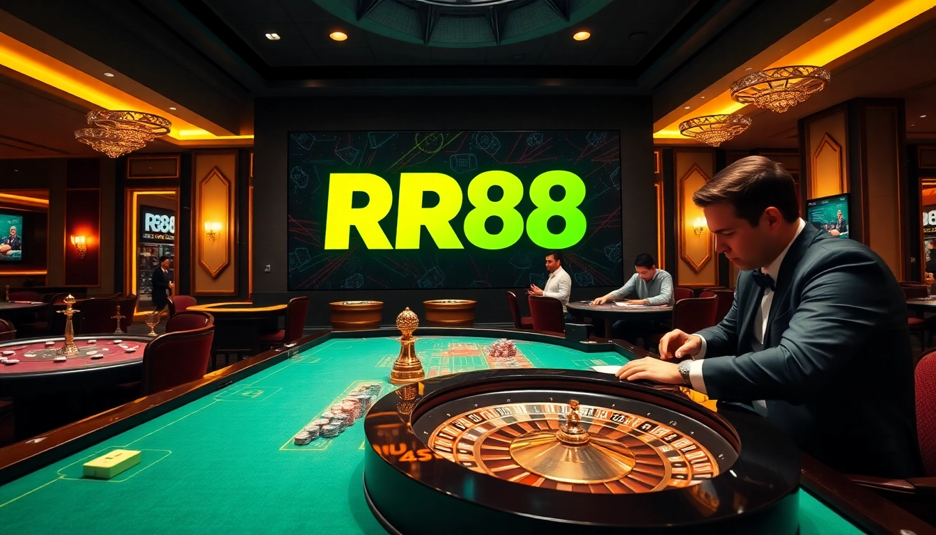 Experience the thrill of gambling at RR88, with players enjoying table games and roulette in a luxurious casino.