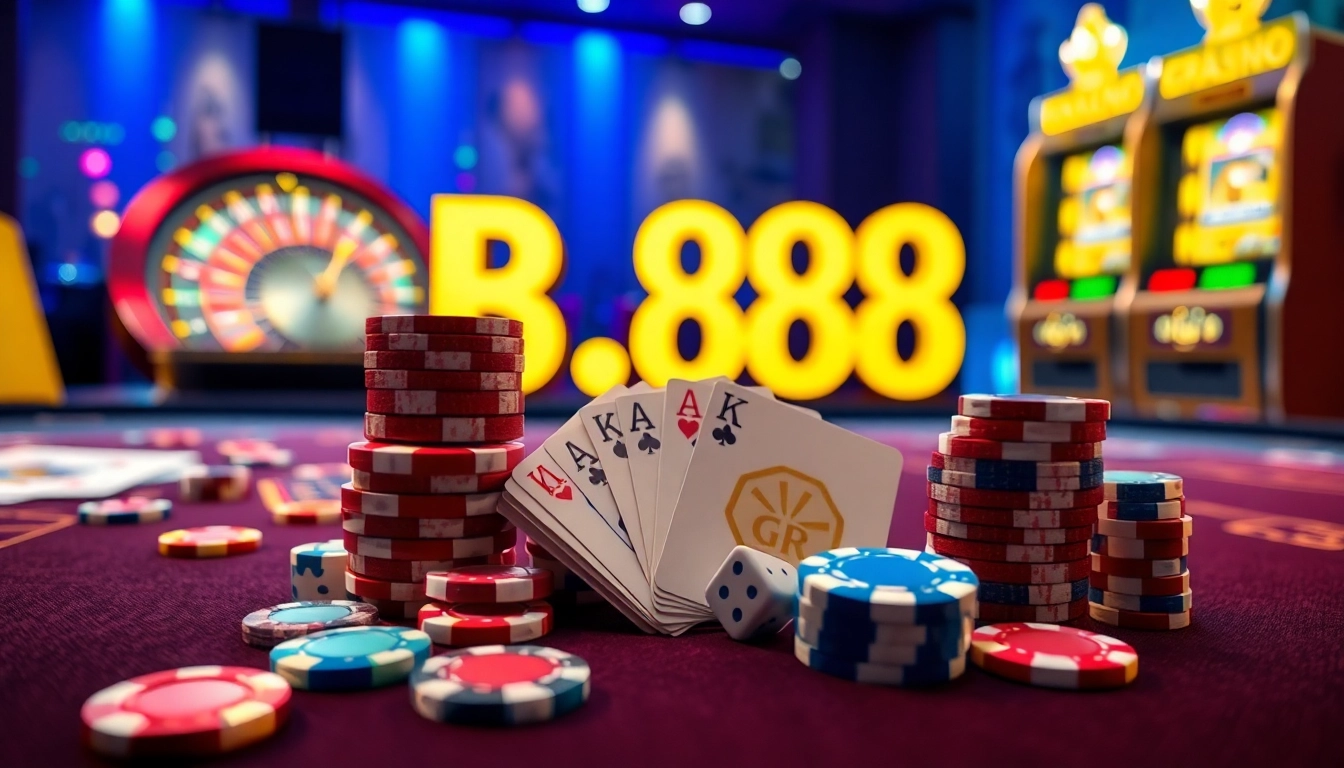 Experience the thrill of BJ 888 with vibrant casino games and luxurious gaming setup.
