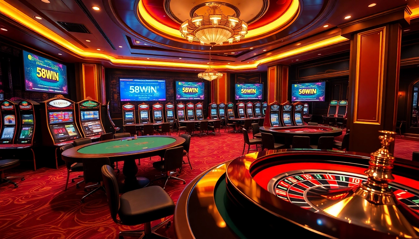 Exciting casino scene at 58WIN showcasing poker tables, slot machines, and digital betting interfaces.